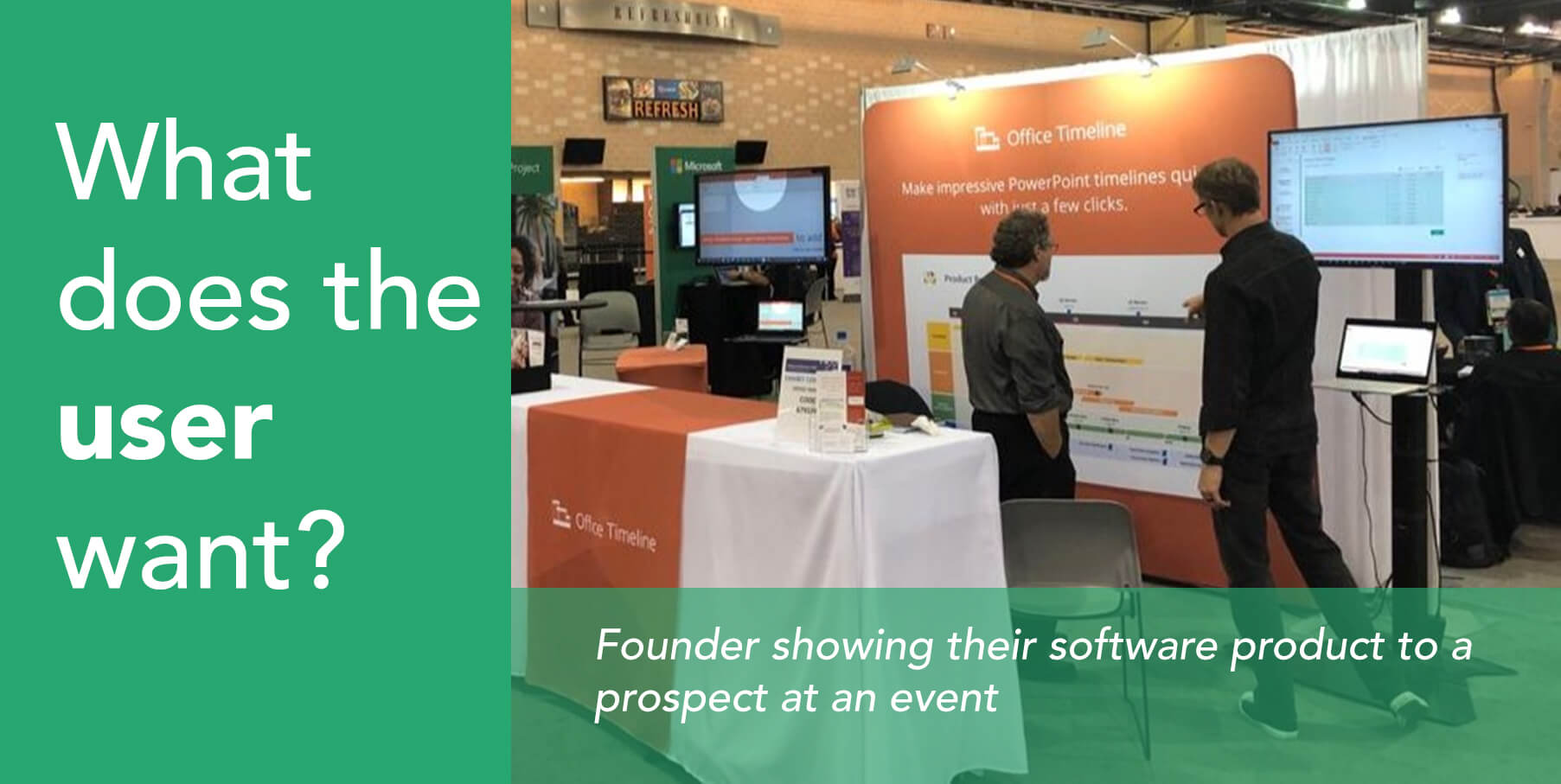Founder showing their software product to a prospect at an event