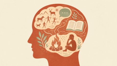 Editorial illustration of a human brain in profile, filled with storytelling motifs: cave paintings, a book, a campfire, and a speech bubble. Illustration generated via AI.
