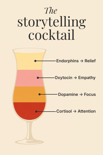 storytelling-chemical-cocktail Cocktail glass with four coloured layers representing brain chemicals released during storytelling: cortisol, dopamine, oxytocin, and endorphins. Illustration generated using AI.