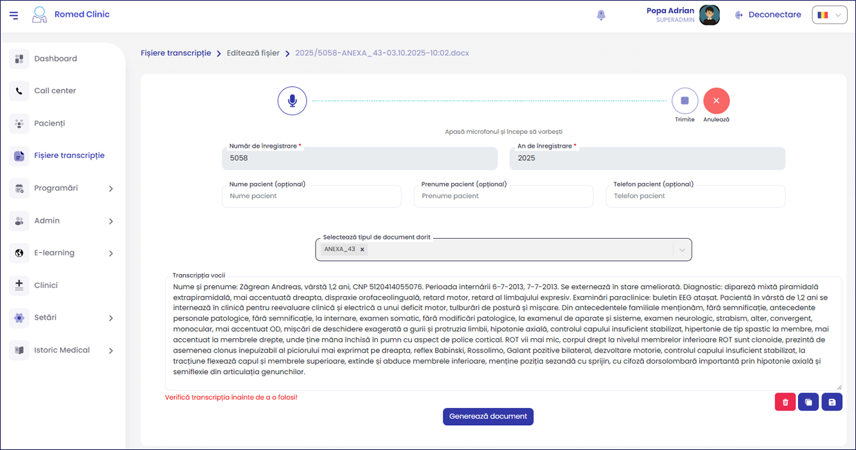RomSoft medical app AI transcription module