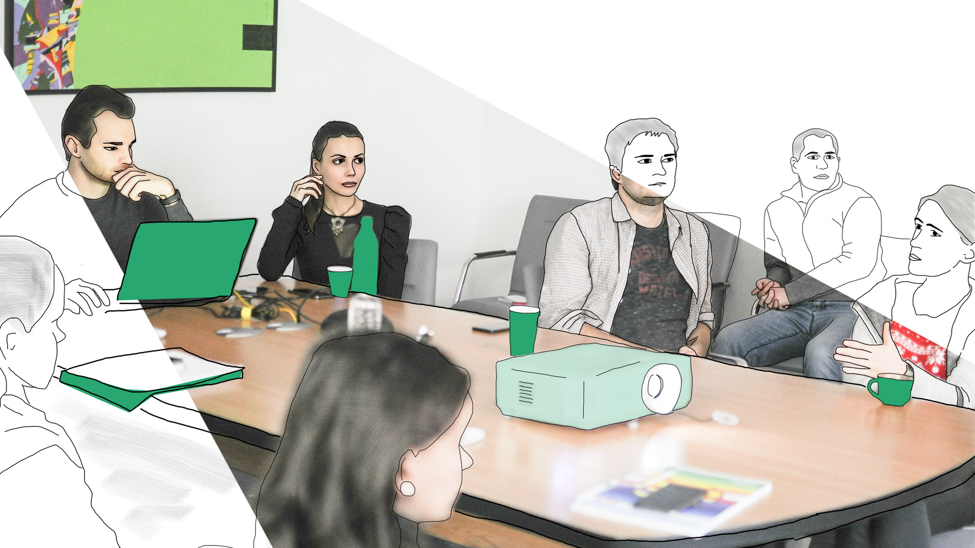 RomSoft team meeting, half photo and half hand-drawn sketch with green doodles.