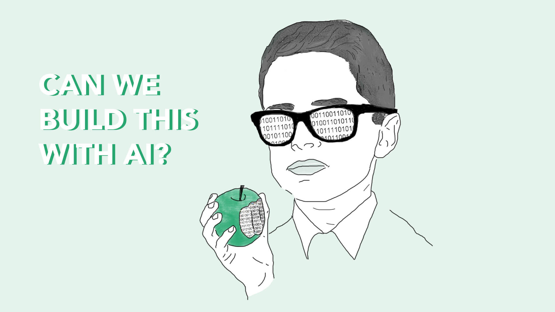 graphical drawing of boy with glasses reflecting binary code and binary code bitten apple